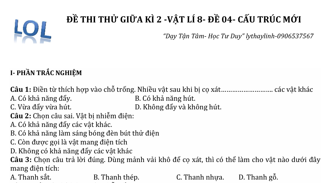 ĐỀ THI THỬ GIỮA KÌ 2 -VẬT LÍ 8- ĐỀ 04- CẤU TRÚC MỚI